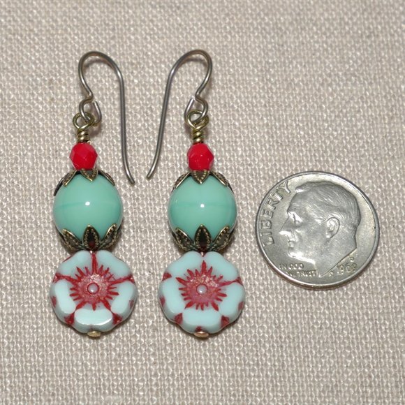 Hand Crafted Handmade Earrings Czech Glass Mint Green & Red Flower Long Earrings - Picture 3 of 5